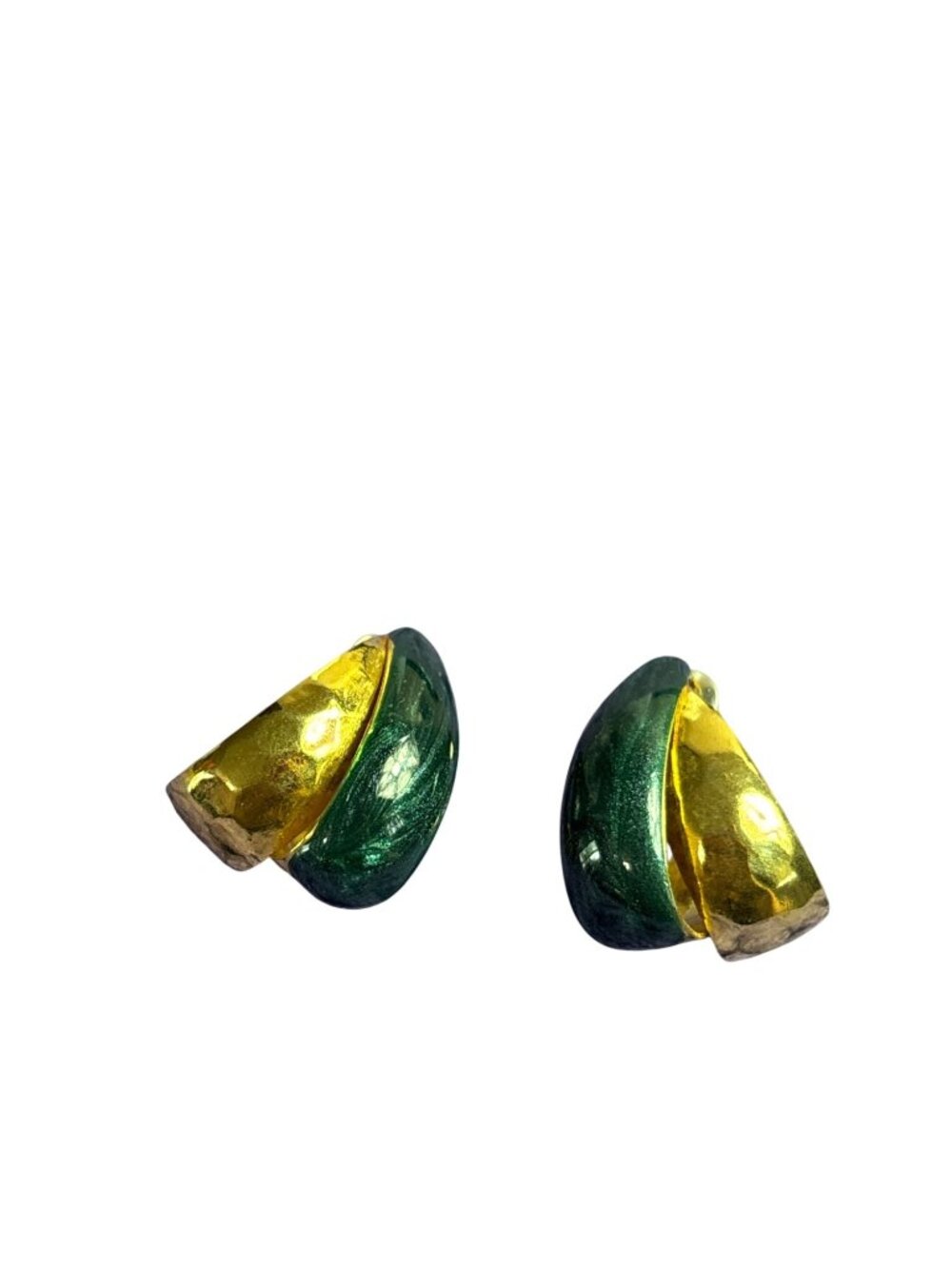 Vintage Abstract Open Hoop Earrings Hammered Goldtone Green Enamel